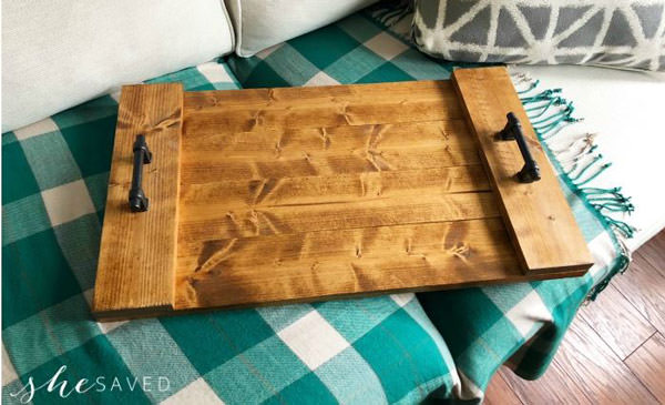 farmhouse wood tray diy on blanket