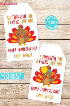 EDITABLE Thanksgiving Tags for Friends Printable Template, For Kids Boy or Girl Turkey, Edit last line, Gift Tags, INSTANT DOWNLOAD
