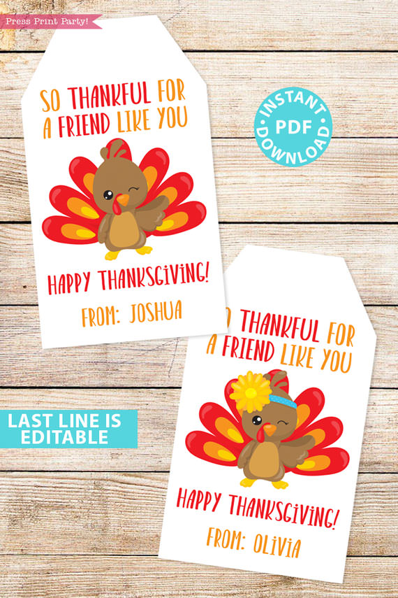 EDITABLE Thanksgiving Tags for Friends Printable Template, For Kids Boy or Girl Turkey, Edit last line, Gift Tags, INSTANT DOWNLOAD