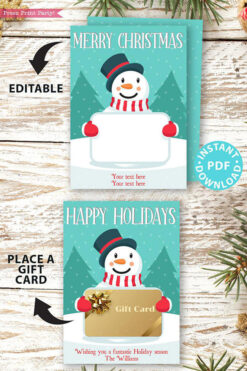 Christmas gift card holder generic with snowman editable text merry christmast happy holidays Press Print Party