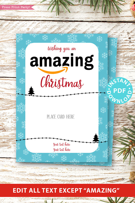 Amazon christmas gift card holder. wishing you an amazing christmas editable text blue with snowflakes Press Print Party