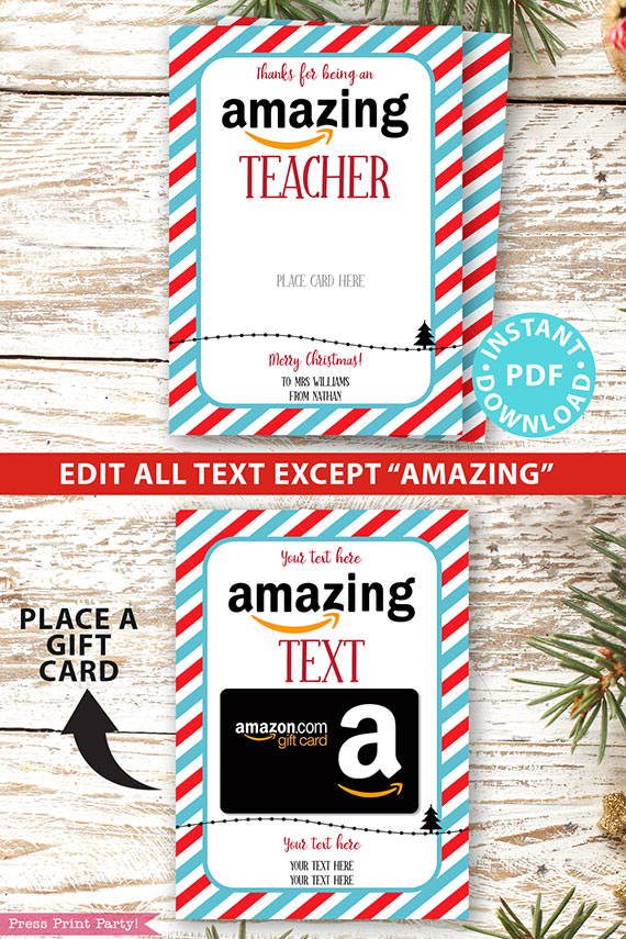 Amazon christmas gift card holder. wishing you an amazing christmas editable text blue and red stripes Press Print Party