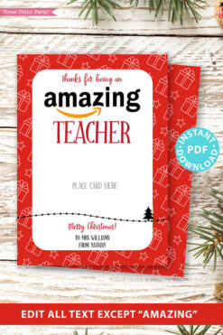 Amazon gift card holder for christmas Thank you card, thanks for being an amazing teacher, editable text, template instant download pdf, Press Print Party red gifts