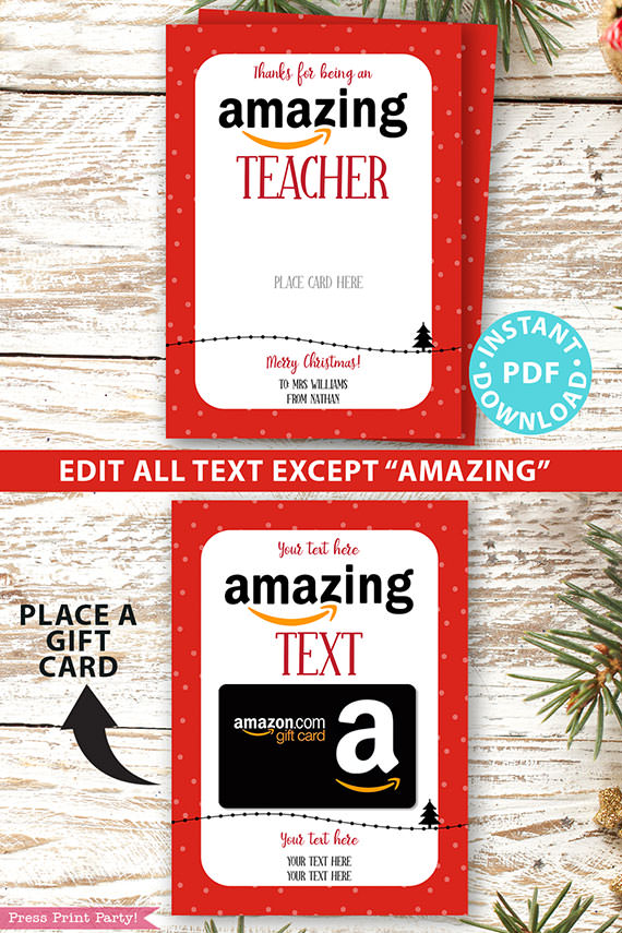 Amazon gift card holder for christmas Thank you card, thanks for being an amazing teacher, editable text, template instant download pdf, Press Print Party red dots