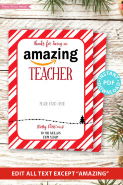 Amazon gift card holder for christmas Thank you card, thanks for being an amazing teacher, editable text, template instant download pdf, Press Print Party red stripes