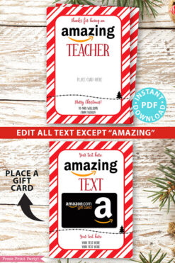 Amazon gift card holder for christmas Thank you card, thanks for being an amazing teacher, editable text, template instant download pdf, Press Print Party red stripes