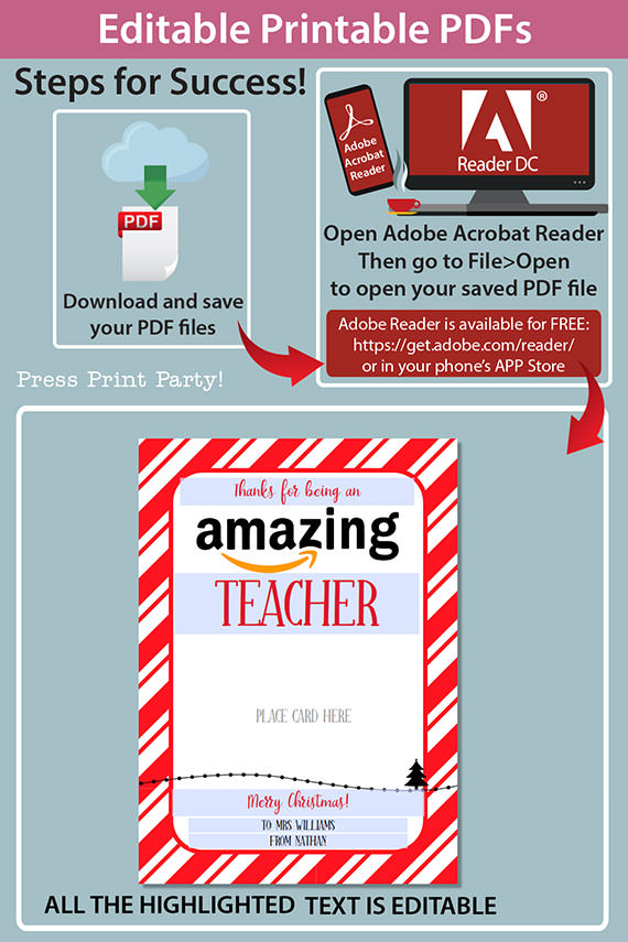 Amazon gift card holder for christmas Thank you card, thanks for being an amazing teacher, editable text, template instant download pdf, Press Print Party red stripes