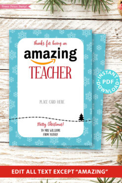 Amazon gift card holder for christmas Thank you card, thanks for being an amazing teacher, editable text, template instant download pdf, Press Print Party blue snowflakes