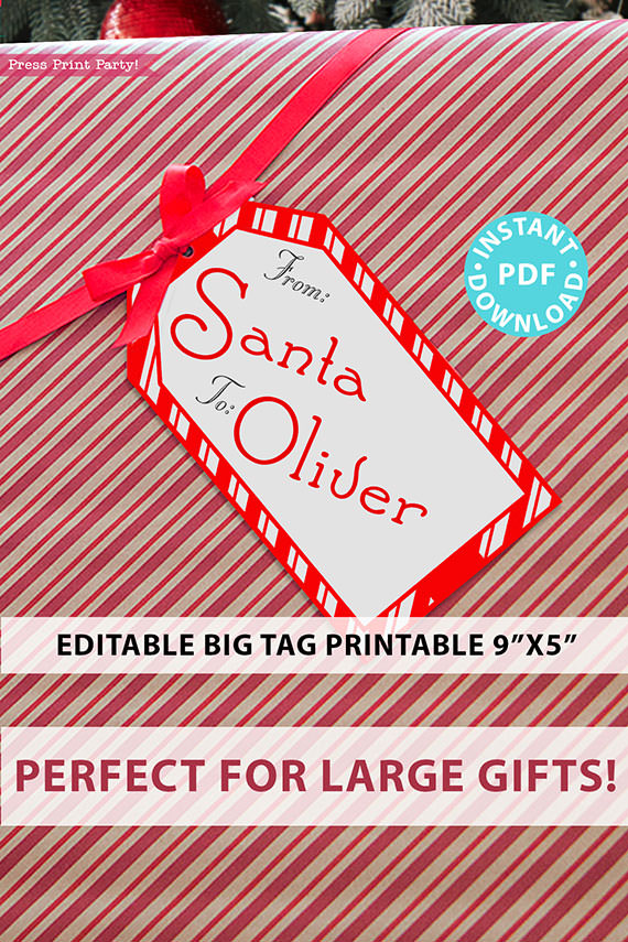 BIG Christmas Gift Tag From Santa, Red Stripes, Editable Printable Template, 9x5, Perfect For Big Gifts, Edit the text, INSTANT DOWNLOAD