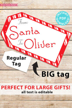 BIG Christmas Gift Tag From Santa, Red Stripes, Editable Printable Template, 9x5, Perfect For Big Gifts, Edit the text, INSTANT DOWNLOAD