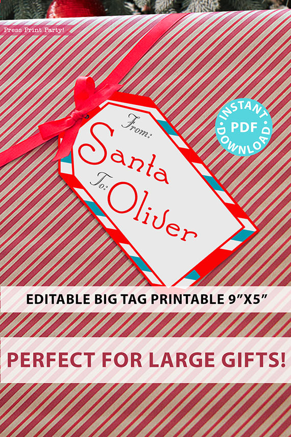BIG Christmas Gift Tag From Santa, Red Blue Stripes, Editable Printable Template, 9x5, Perfect For Big Gifts, Edit text, INSTANT DOWNLOAD