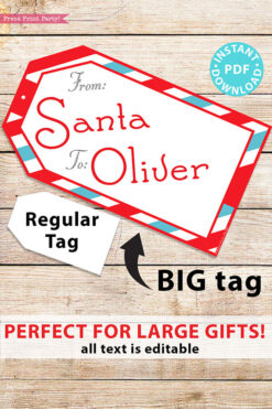 BIG Christmas Gift Tag From Santa, Red Blue Stripes, Editable Printable Template, 9x5, Perfect For Big Gifts, Edit text, INSTANT DOWNLOAD