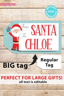 BIG Christmas Gift Tag From Santa, Red Blue Stripes, Editable Printable Template, 9x5, Perfect For Big Gifts, Edit text, INSTANT DOWNLOAD