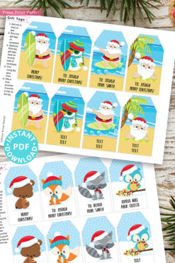 24 Kids Christmas Gift Tags Printable, Santa Claus, Snowman, Penguins, Woodland Animals, Beach Santa, Gnomes, Template, INSTANT DOWNLOAD