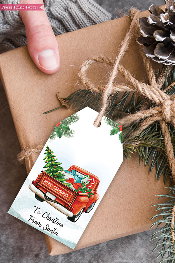 EDITABLE Christmas Red Truck Gift tags Printable, 4 designs, Rustic Style Gift Tags, Red Truck with Tree, Unique Gift Tags, INSTANT DOWNLOAD