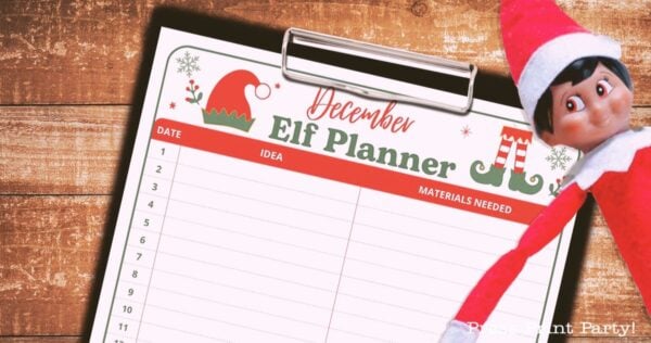 A December Elf Planner sheet on a clipboard is on a wooden surface. An Elf doll peeks in from the right side of the image, appearing festive and playful, making this scene perfect for showcasing an elf on the shelf printable.