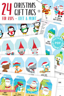 24 Kids Christmas Gift Tags Printable, Santa Claus, Snowman, Penguins, Woodland Animals, Beach Santa, Gnomes, Template, INSTANT DOWNLOAD