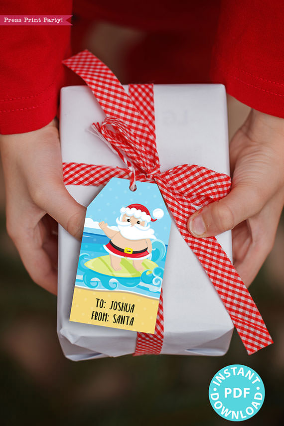 24 Kids Christmas Gift Tags Printable, Santa Claus, Snowman, Penguins, Woodland Animals, Beach Santa, Gnomes, Template, INSTANT DOWNLOAD beach santa