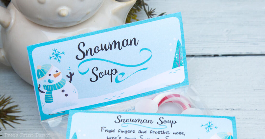 Snowman Soup Printable Treat Bag Topper Template, Editable w name, 2 poems included, Last Minute Stocking Stuffer idea, INSTANT DOWNLOAD