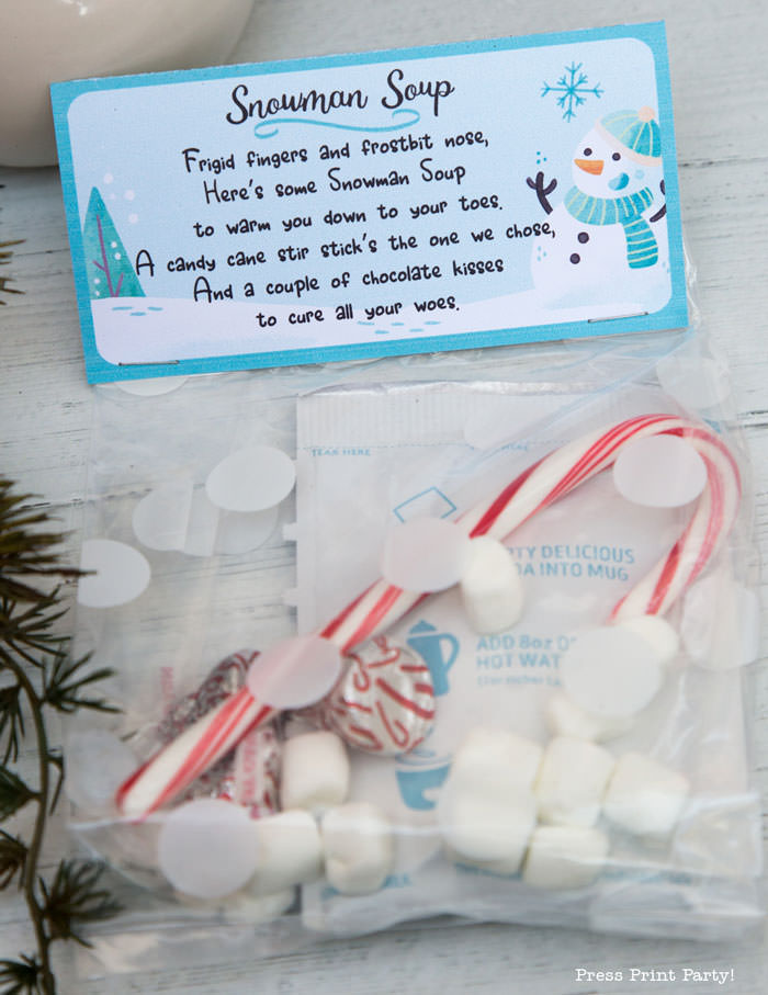 Snowman Soup Printable Treat Bag Topper Template, Editable w name, 2 poems included, Last Minute Stocking Stuffer idea, INSTANT DOWNLOAD