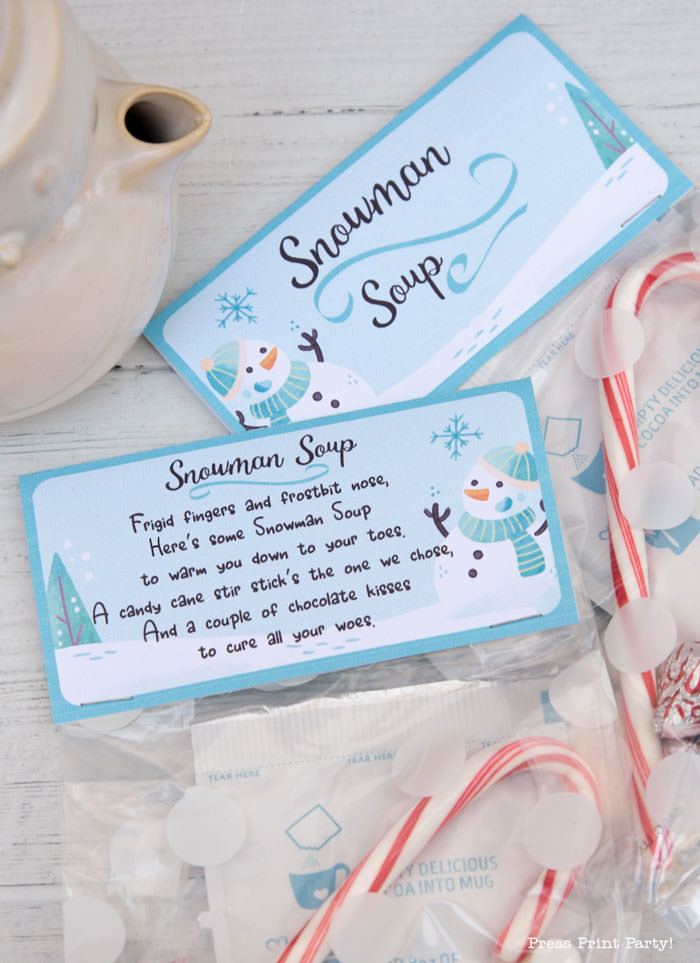 Snowman Soup Printable Treat Bag Topper Template, Editable w name, 2 poems included, Last Minute Stocking Stuffer idea, INSTANT DOWNLOAD