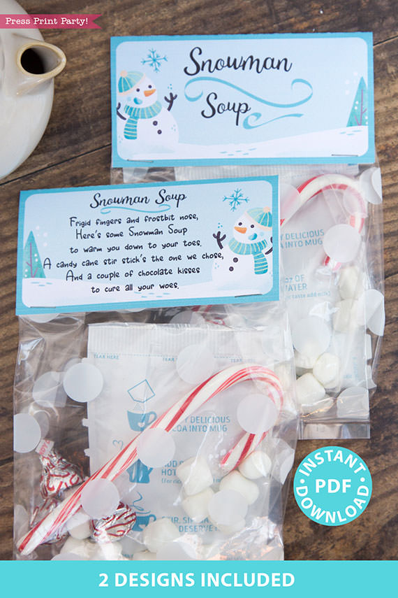 Snowman Soup Printable Treat Bag Topper Template, Editable w name, 2 poems included, Last Minute Stocking Stuffer idea, INSTANT DOWNLOAD