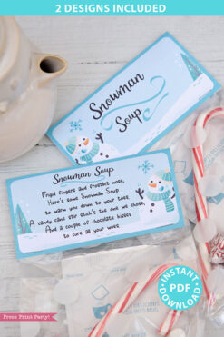 Snowman Soup Printable Treat Bag Topper Template, Editable w name, 2 poems included, Last Minute Stocking Stuffer idea, INSTANT DOWNLOAD