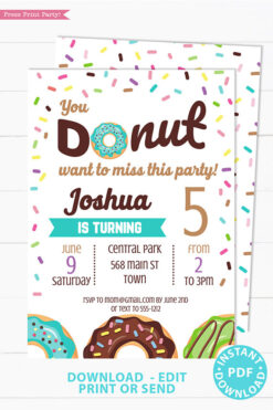 Donut birthday party invitation instant download for printed and digital invitation with envelope label - blue donut and sprinkles- Press Print party