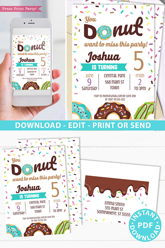 Donut party invitation instant download for printed and digital invitation with envelope label - blue donut and sprinkles- Press Print party