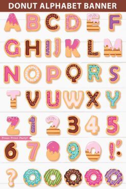 Donut alphabet letters and numbers. Donut banner party supplies printable. Press Print Party