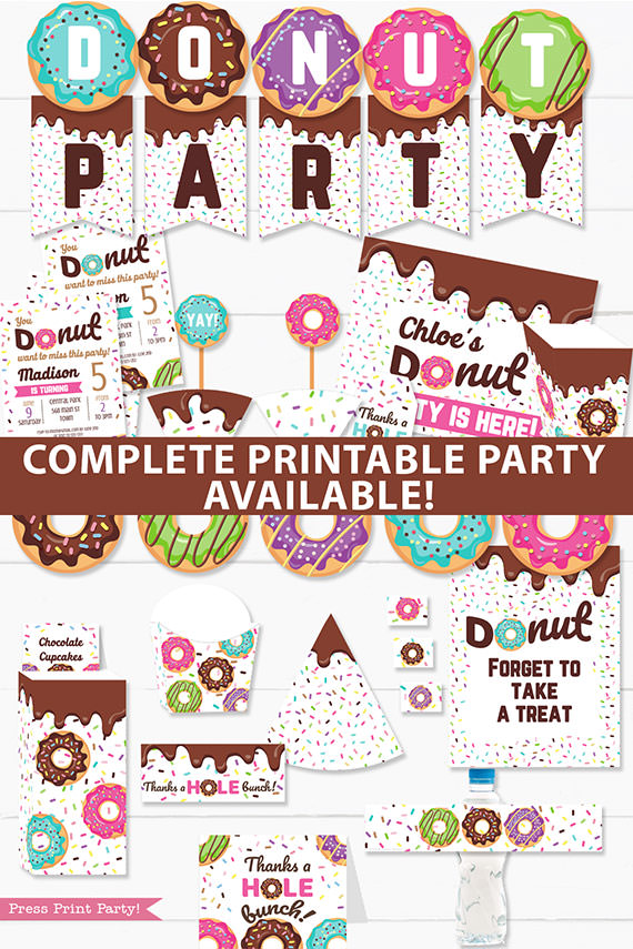 Donut Party printable supplies bundle. Banner garland, donut party invitation template, cupcake wrappers and toppers, sign, thank you card, birthday hat, favor boxes, popcorn boxes, wall decorations and lots more. Press Print Party