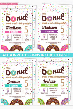 Donut party birthday invitation template or for baby shower. 4 donut colors for girls or boys. pink, purple, blue, and green. Press Print Party