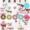 Donut Party printable supplies bundle. Banner garland, donut party invitation template, cupcake wrappers and toppers, sign, thank you card, birthday hat, favor boxes, popcorn boxes, wall decorations and lots more. Press Print Party