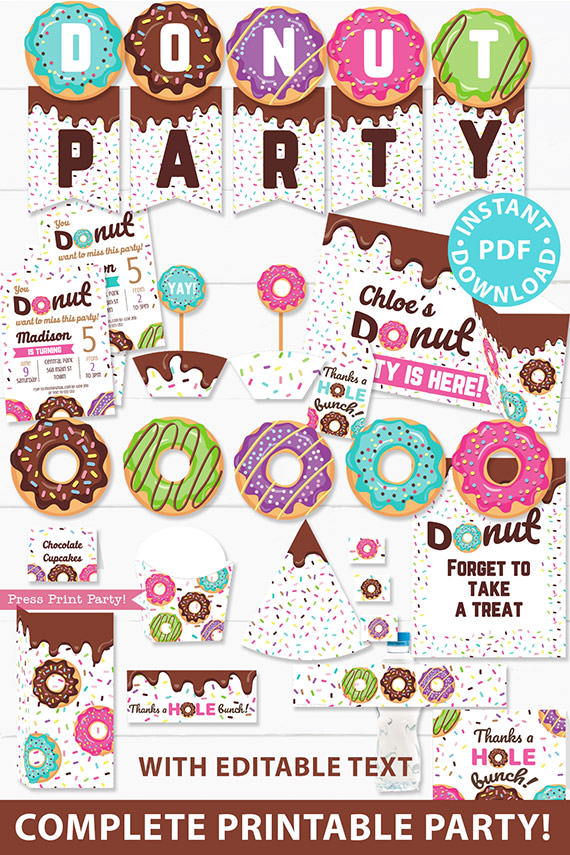 Donut Party printable supplies bundle. Banner garland, donut party invitation template, cupcake wrappers and toppers, sign, thank you card, birthday hat, favor boxes, popcorn boxes, wall decorations and lots more. Press Print Party