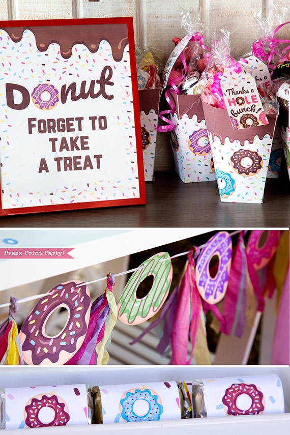 donut party ideas and supplies printable. dont forget to take a treat sign and popcorn favor boxes with favours and a thanks a hole bunch tag. Press Print Party