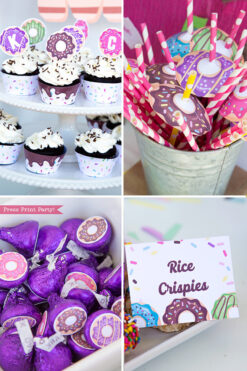 Donut party printable supplies - cupcake wrappers and toppers, kiss labels, place cards. donut party ideas Press Print Party