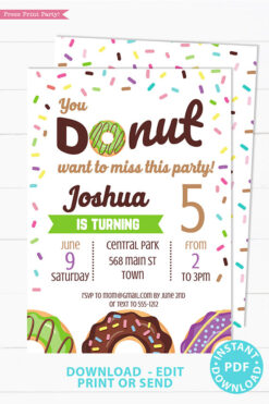 Donut party invitation instant download for printed and digital invitation with envelope label - green donut and sprinkles- Press Print party