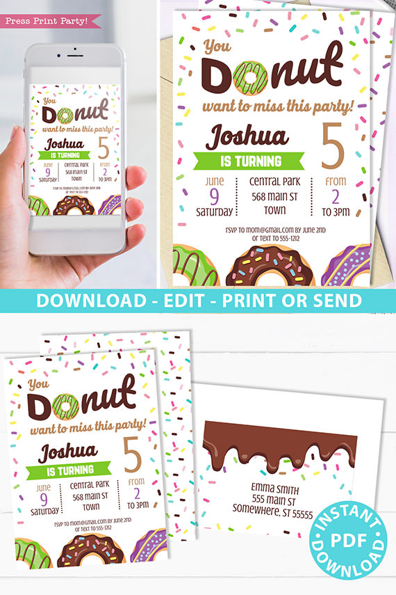 Donut party invitation instant download for printed and digital invitation with envelope label - green donut and sprinkles- Press Print party