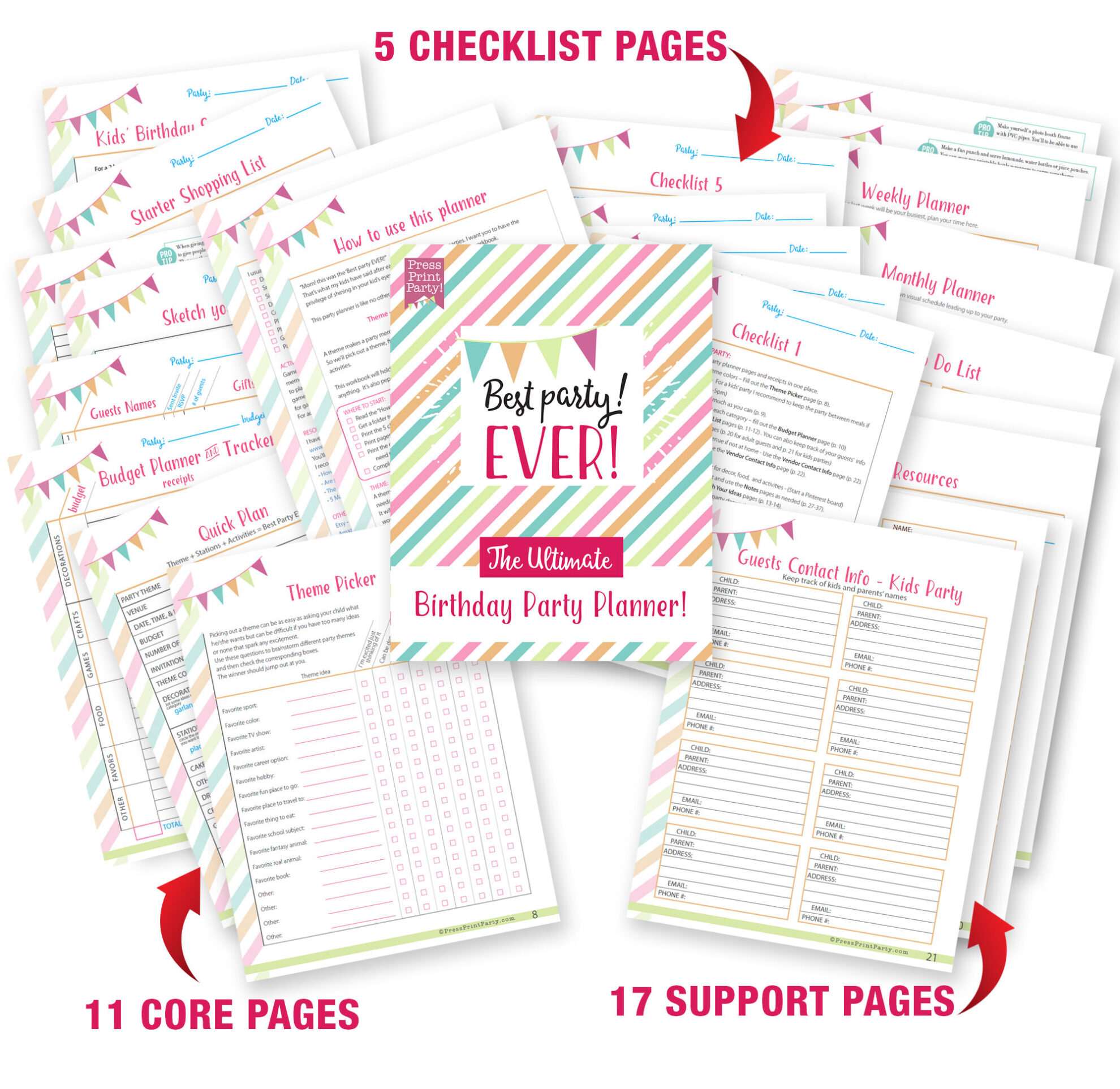 Best Party Ever the Ultimate Birthday Party Planner Press Print Party! Instant download pdf all the pages shown 5 birthday party checklist, 11 core pages, 12 support pages.