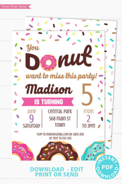 Donut party invitation instant download for printed and digital invitation with envelope label - pink donut and sprinkles- Press Print party