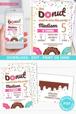 Donut party invitation instant download for printed and digital invitation with envelope label - pink donut and sprinkles- Press Print party