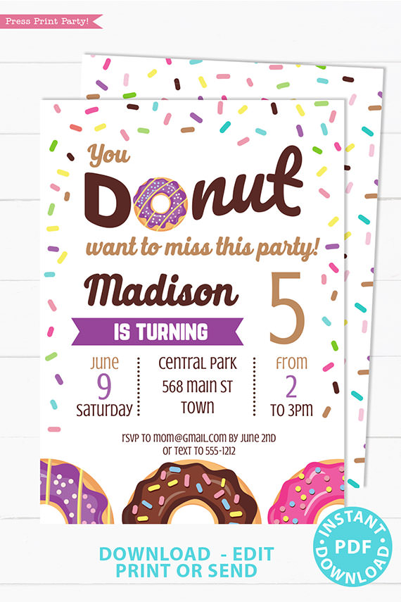 Donut party invitation instant download for printed and digital invitation with envelope label - Purple donut and sprinkles- Press Print party