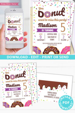 Donut party invitation instant download for printed and digital invitation with envelope label - Purple donut and sprinkles- Press Print party