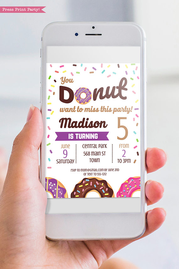 Donut invitation template for digital invitation for email - purple donut - Press print party