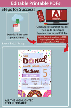 editable printable pdfs how do the invitation work in adobe reader. Purple donut invitation template editable download. Press Print Party