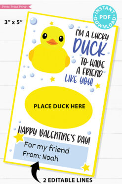 I'm a Lucky Duck to Have a Friend Like You Kids Valentine Card Printable, Blue, Gift Tag, School Classroom, Rubber Duck, INSTANT DOWNLOAD