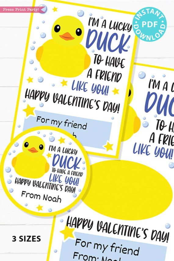 I'm a Lucky Duck to Have a Friend Like You Kids Valentine Card Printable, Blue, Gift Tag, School Classroom, Rubber Duck, INSTANT DOWNLOAD