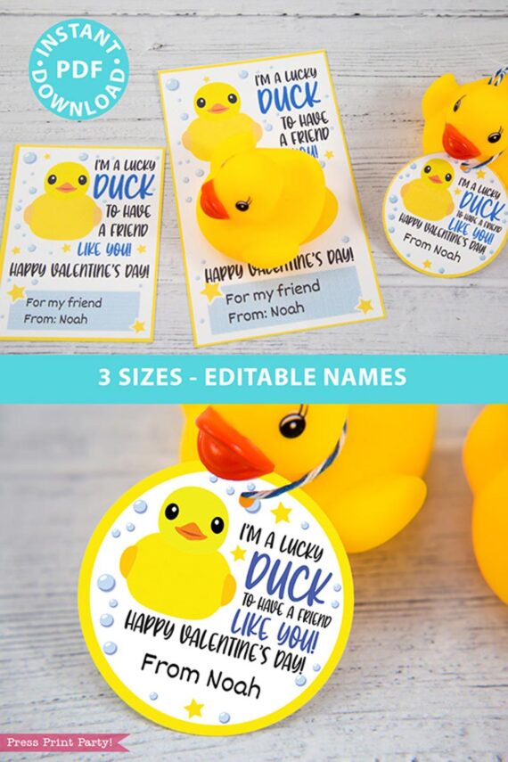 I'm a Lucky Duck to Have a Friend Like You Kids Valentine Card Printable, Blue, Gift Tag, School Classroom, Rubber Duck, INSTANT DOWNLOAD