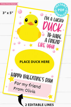 I'm a Lucky Duck to Have a Friend Like You Kids Valentine Card Printable, Pink, Gift Tag, School Classroom, Rubber Duck, INSTANT DOWNLOAD