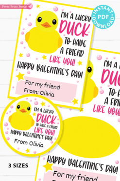 I'm a Lucky Duck to Have a Friend Like You Kids Valentine Card Printable, Pink, Gift Tag, School Classroom, Rubber Duck, INSTANT DOWNLOAD